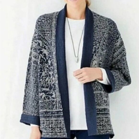 Pure Jill J. Jill Artisanal Jacquard Open Front Cardigan Blue/White Small - Picture 1 of 9